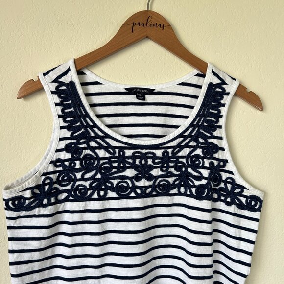 Lands End Top Womens XL Petite Navy Blue Striped Nautical Tank - Picture 2 of 7